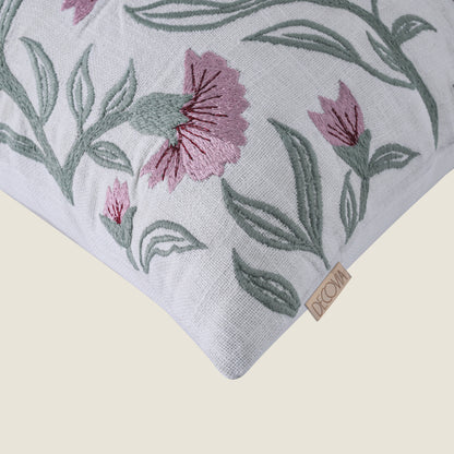 Decovia Floral Embroidered Decorative Pillow Cover | Pink and Green Flower Pattern Set of 1 Pc