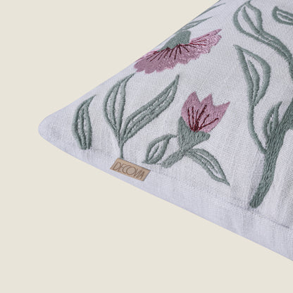 Decovia Floral Embroidered Decorative Pillow Cover | Pink and Green Flower Pattern Set of 1 Pc