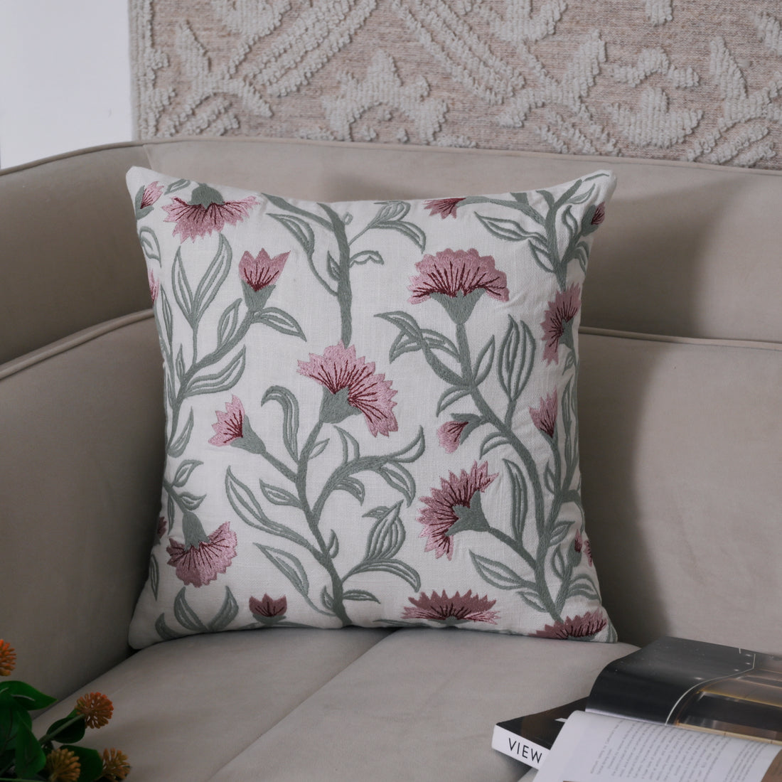 Decovia Floral Embroidered Decorative Pillow Cover | Pink and Green Flower Pattern Set of 1 Pc