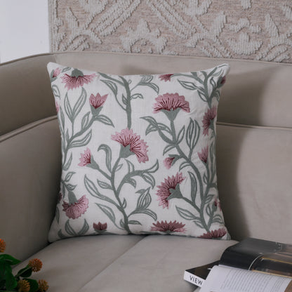 Decovia Floral Embroidered Decorative Pillow Cover | Pink and Green Flower Pattern Set of 1 Pc