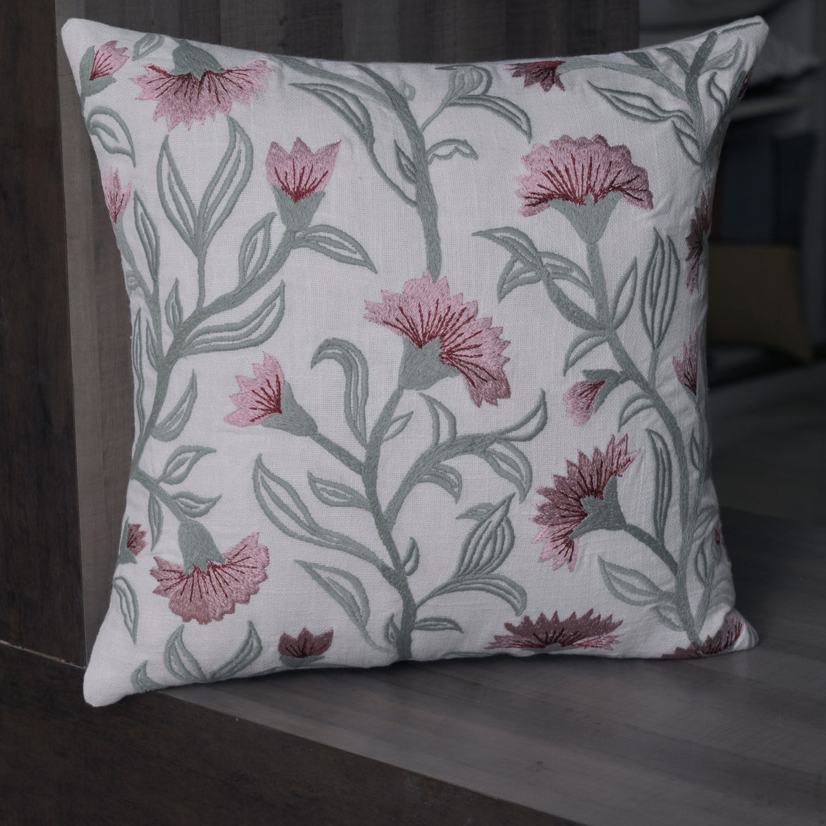 Decovia Floral Embroidered Decorative Pillow Cover | Pink and Green Flower Pattern Set of 1 Pc