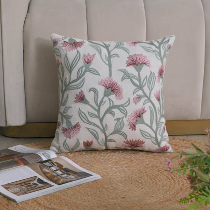 Decovia Floral Embroidered Decorative Pillow Cover | Pink and Green Flower Pattern Set of 1 Pc