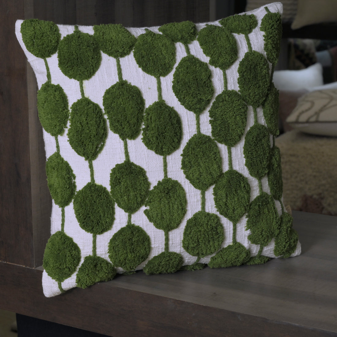Square Green Tufted Leaf Pillow Cover | Decorative Boho Accent Cover Set of 1 Pc
