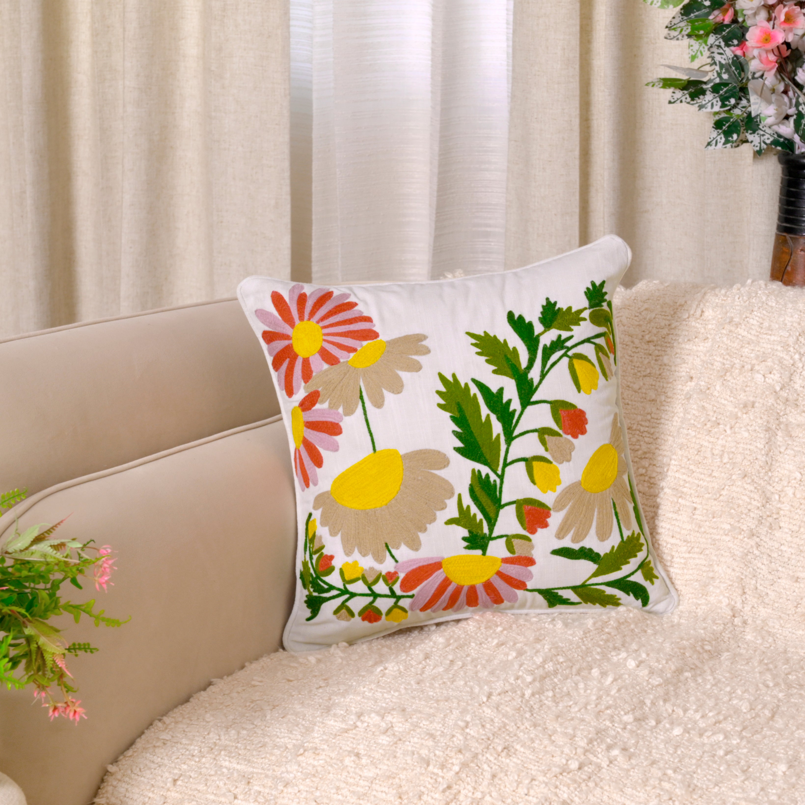 Garden-Inspired Floral Embroidered Cushion