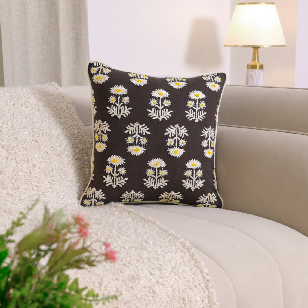 Hand-Embroidered Floral Accent Pillow