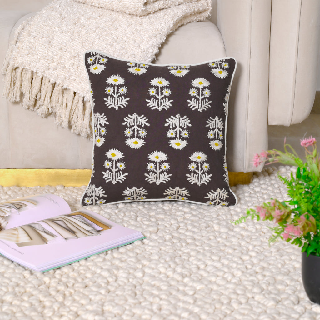 Hand-Embroidered Floral Accent Pillow