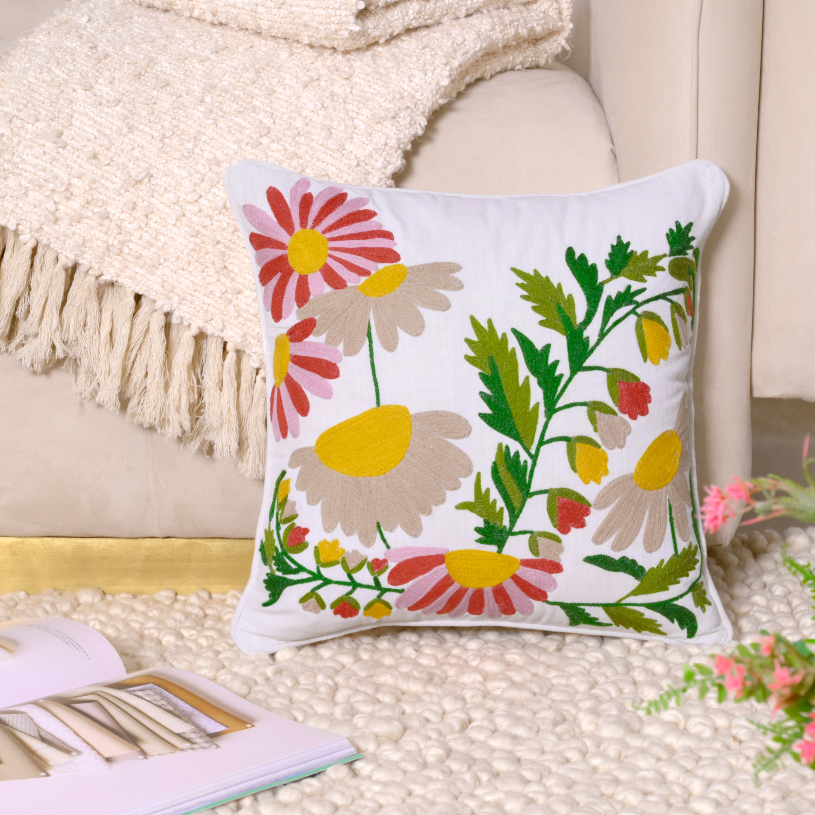 Garden-Inspired Floral Embroidered Cushion