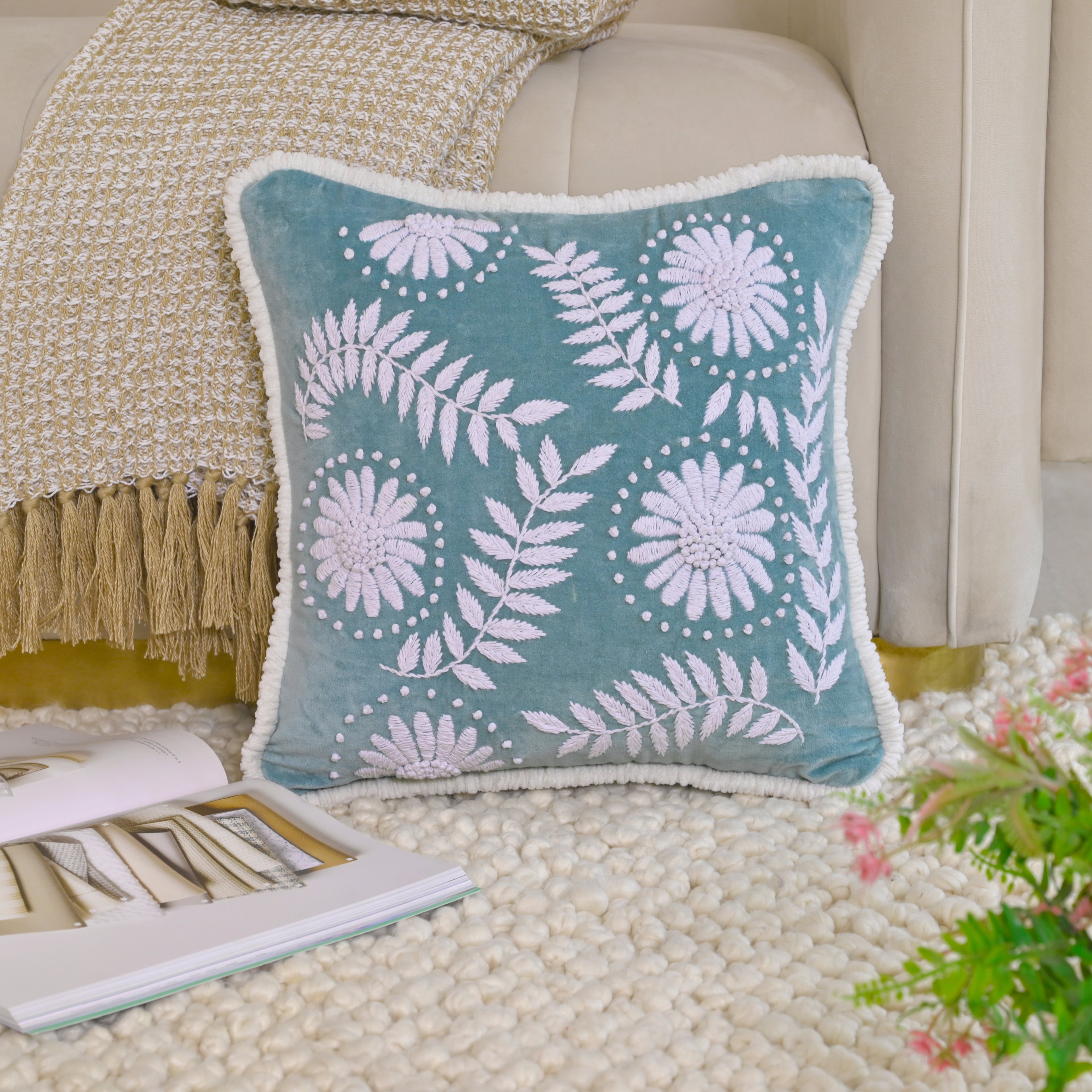 Hand-Embroidered Velvet Accent Pillow