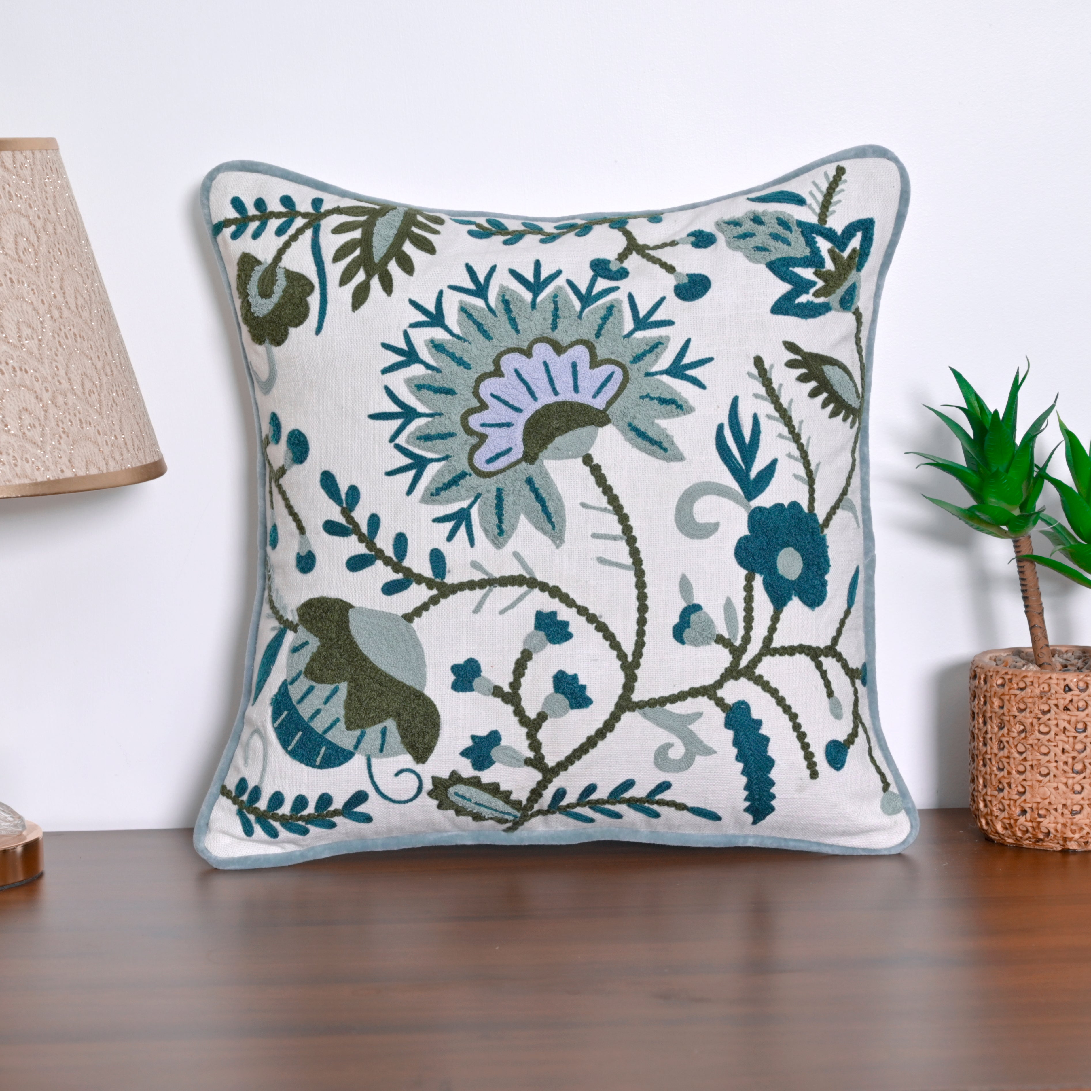 Embroidered Floral Vine Cushion Cover