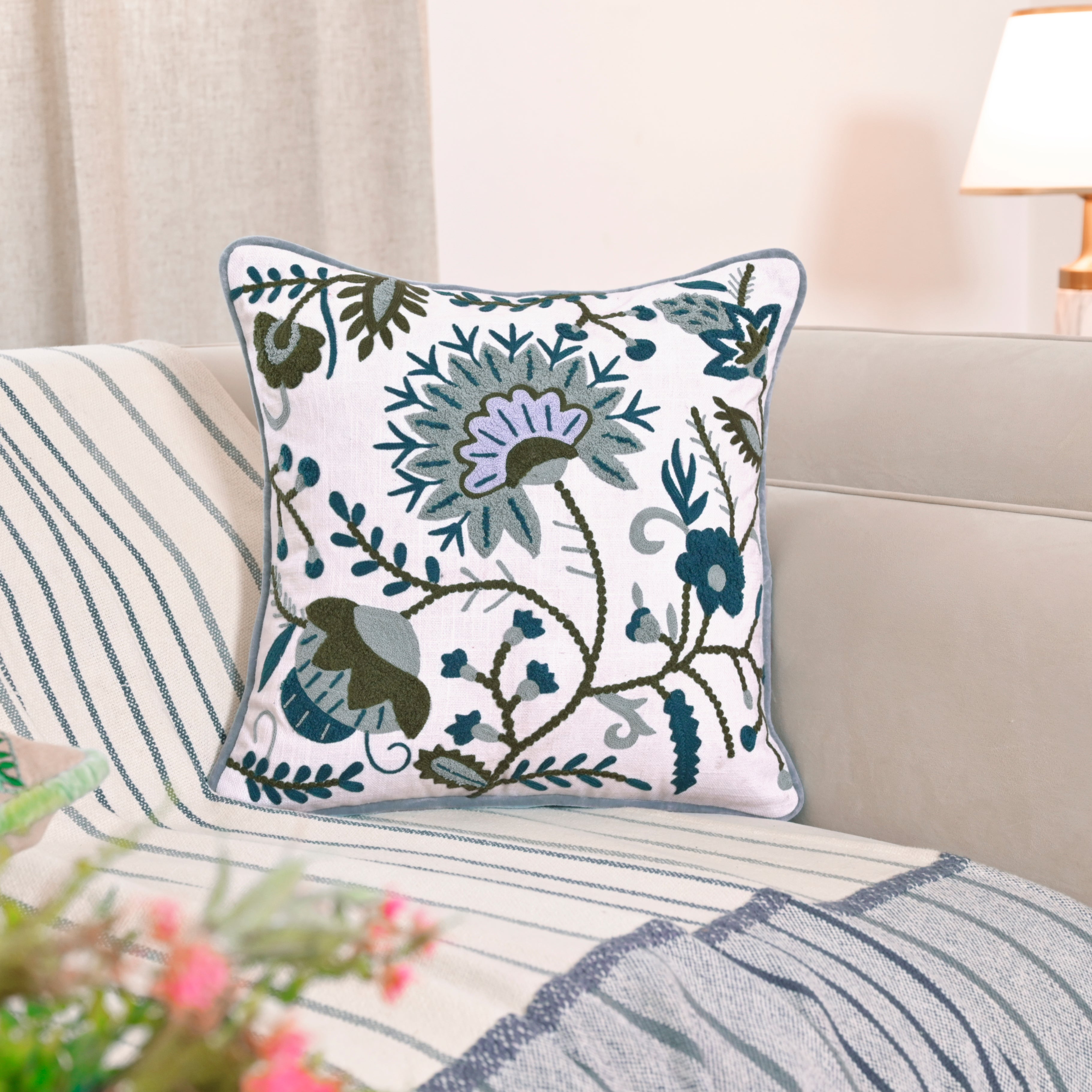 Embroidered Floral Vine Cushion Cover