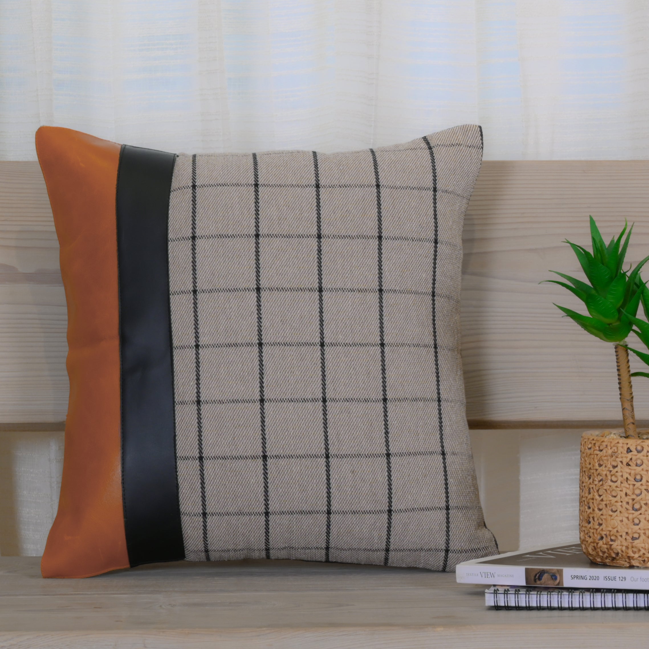 Grey Checkered Cushion with Leather Accents