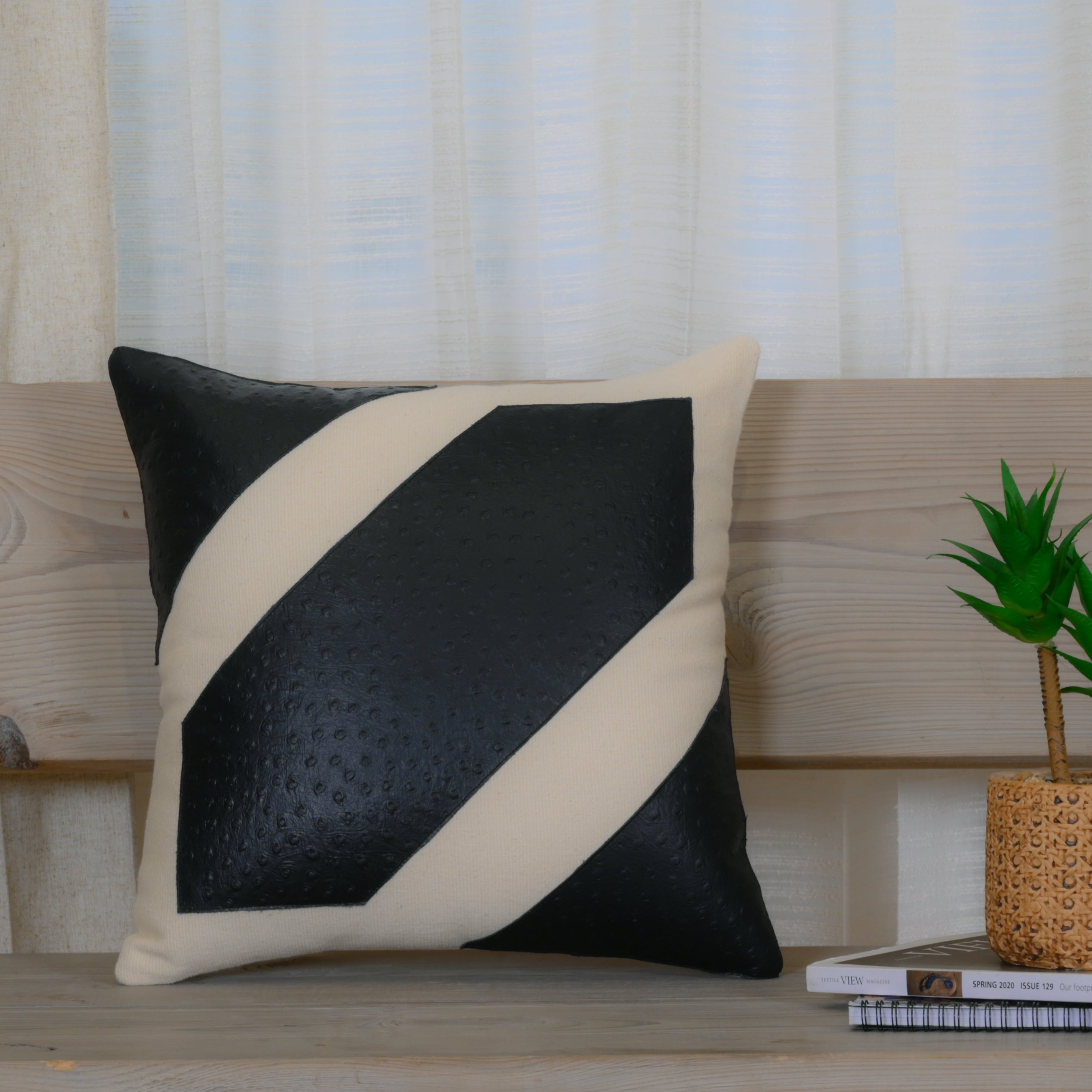 Black & Ivory Geometric Leather Cushion Cover
