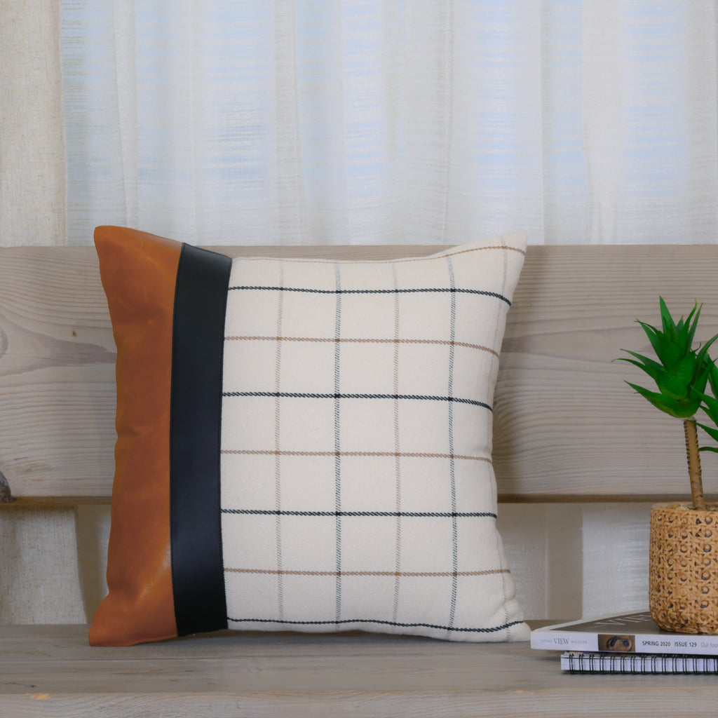 Leather & Checkered Cotton Cushion Cover