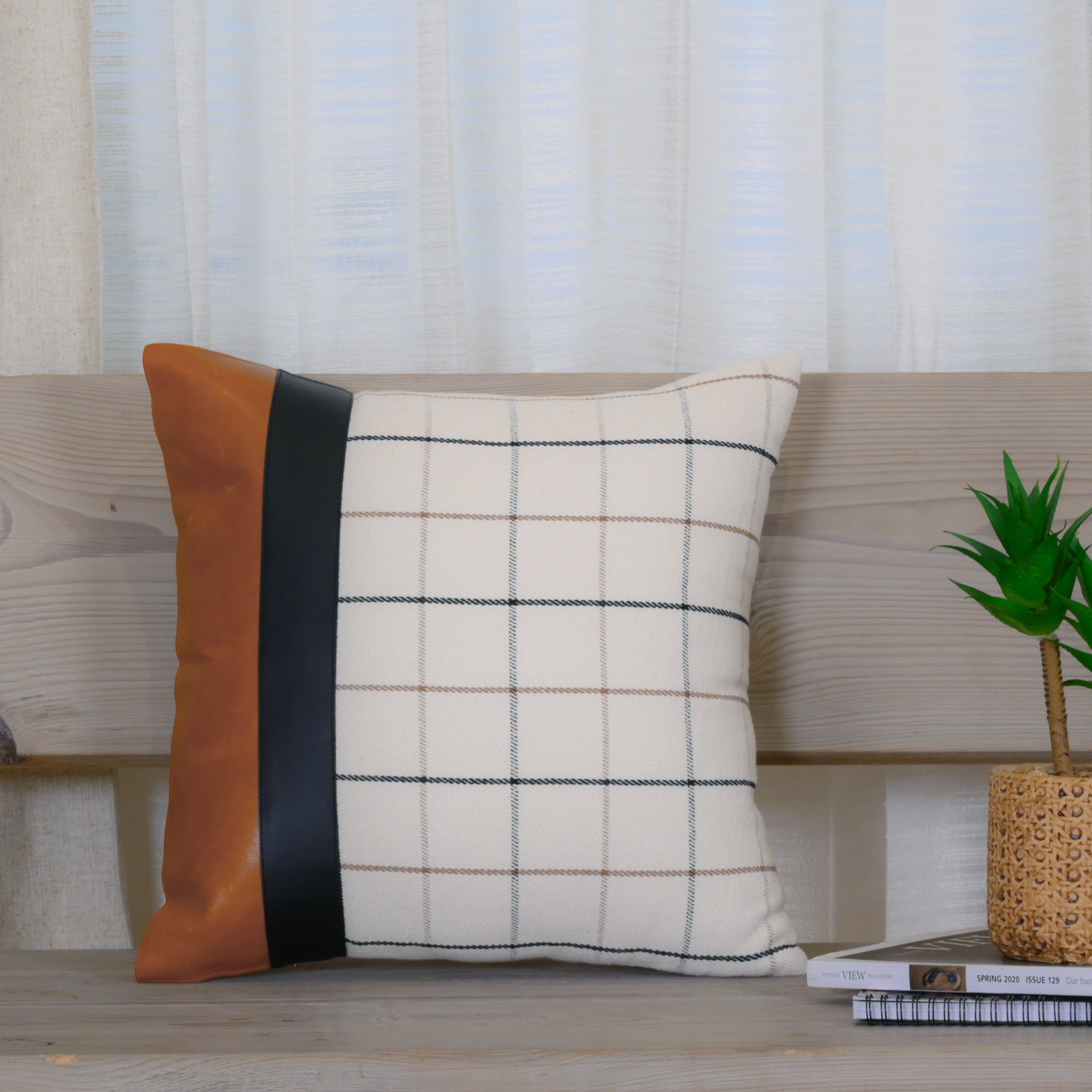 Leather & Checkered Cotton Cushion Cover