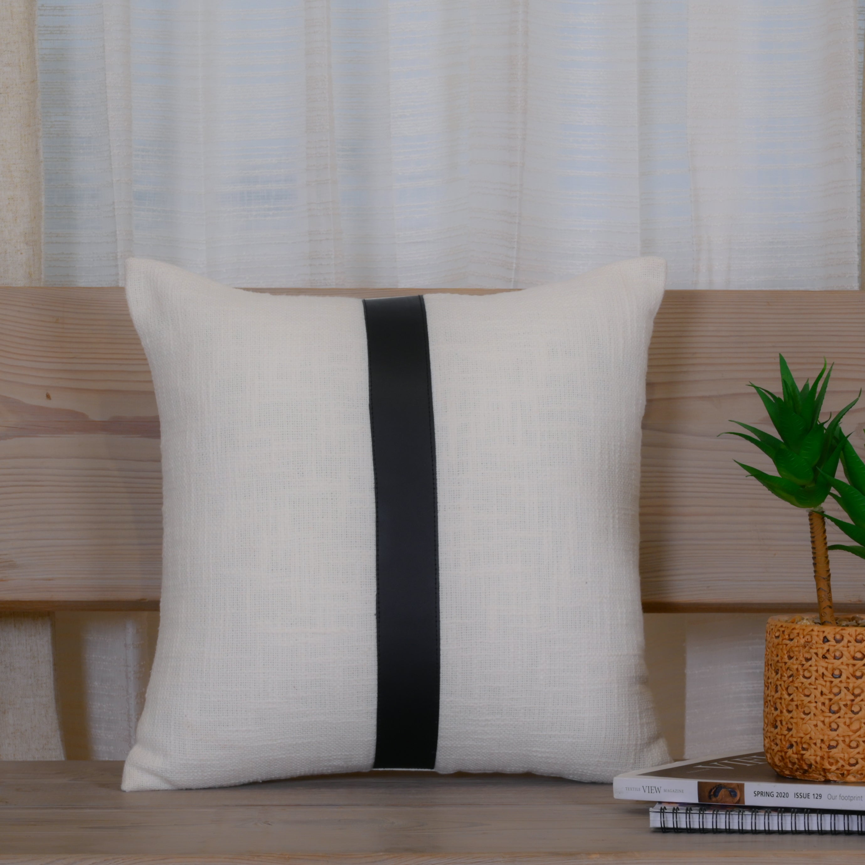 Grey Checkered Cushion with Leather Accents