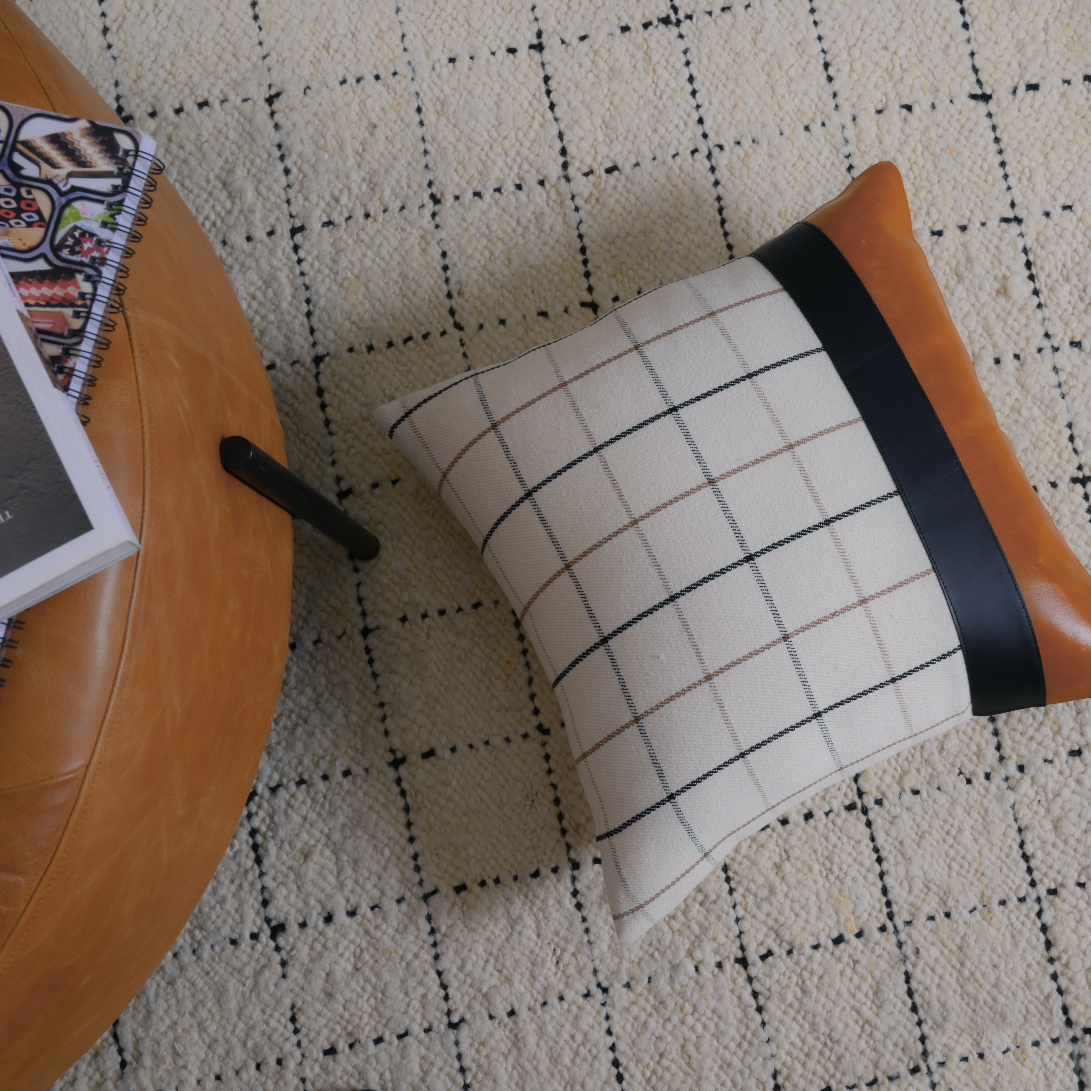 Leather & Checkered Cotton Cushion Cover