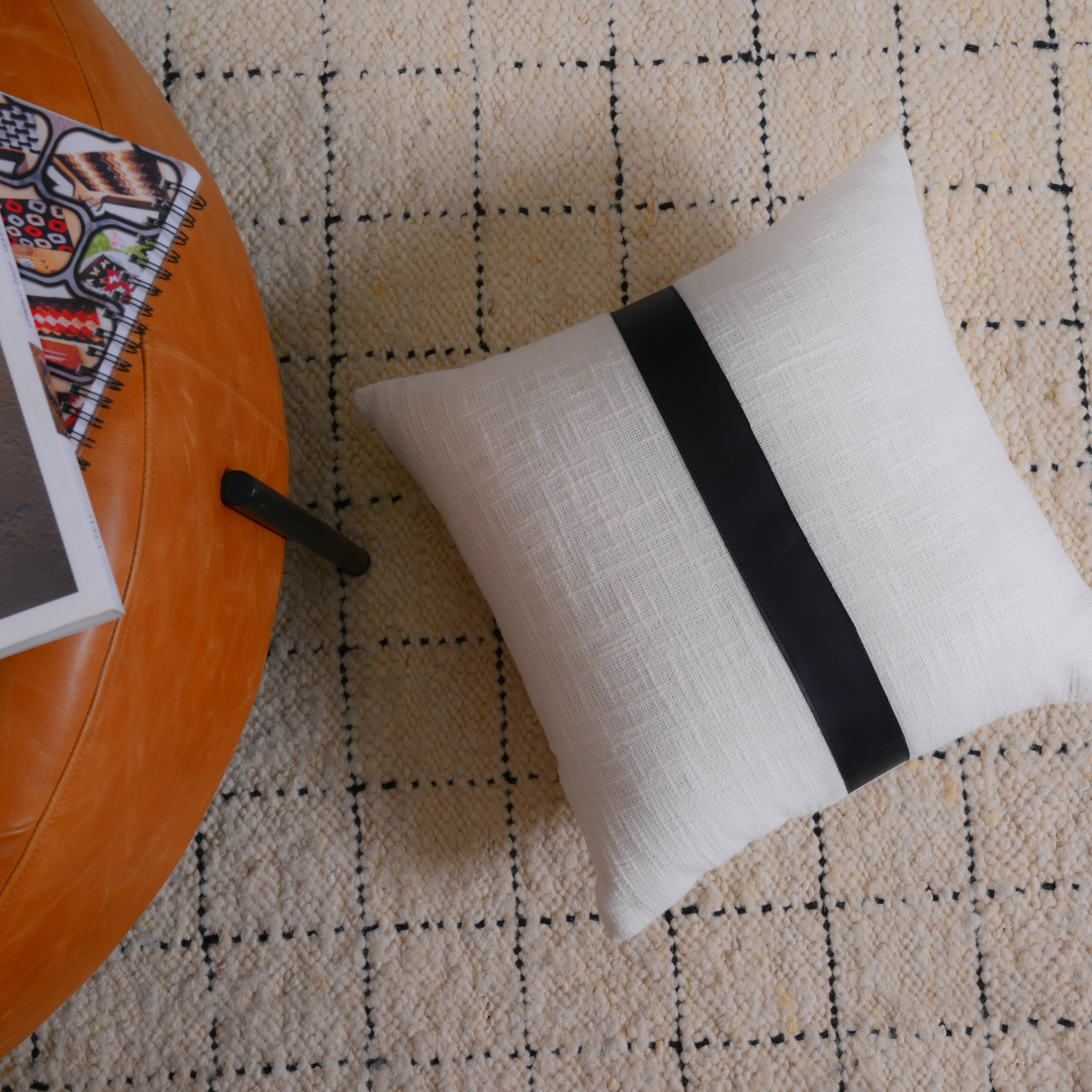 Grey Checkered Cushion with Leather Accents