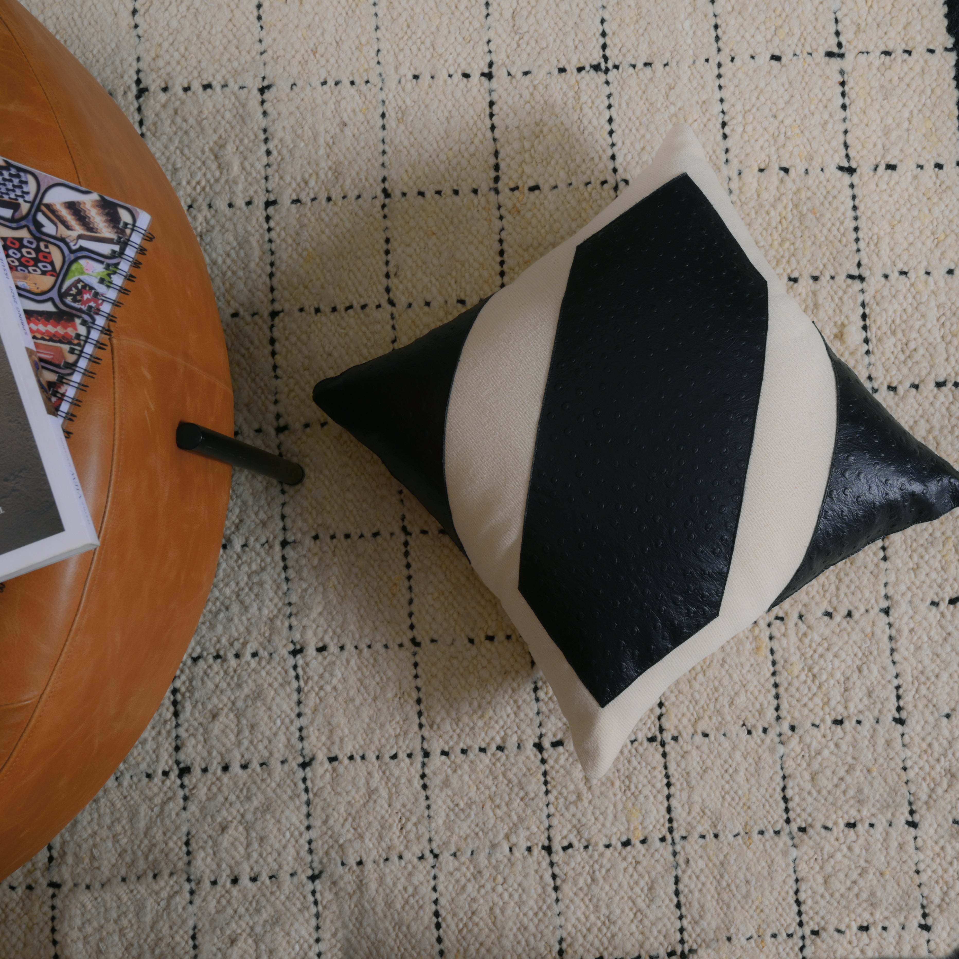 Black & Ivory Geometric Leather Cushion Cover
