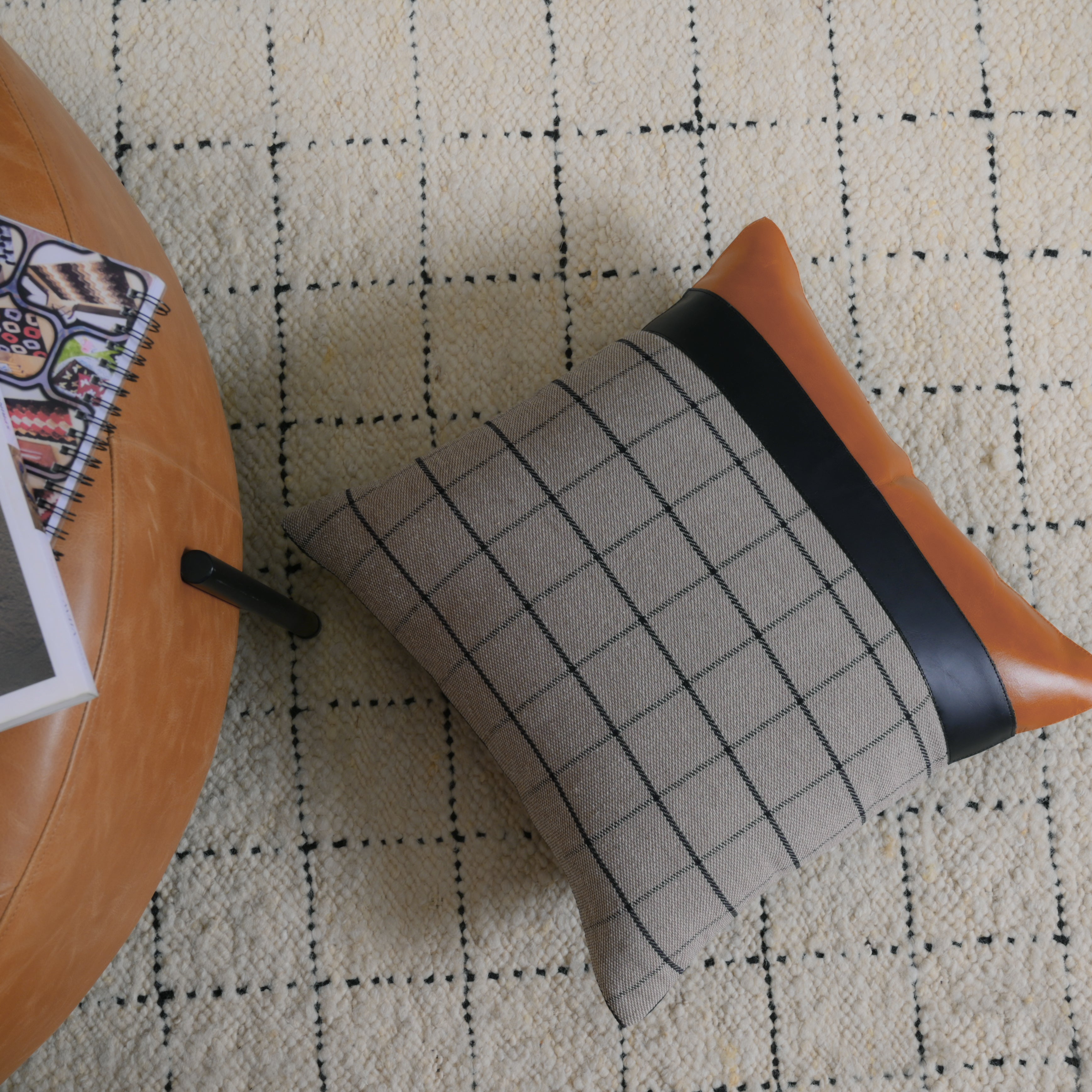 Grey Checkered Cushion with Leather Accents