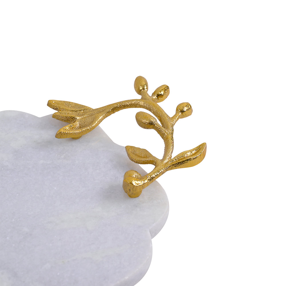 White Marble Decorative Tray with Golden Leaf Handles