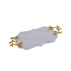 White Marble Decorative Tray with Golden Leaf Handles