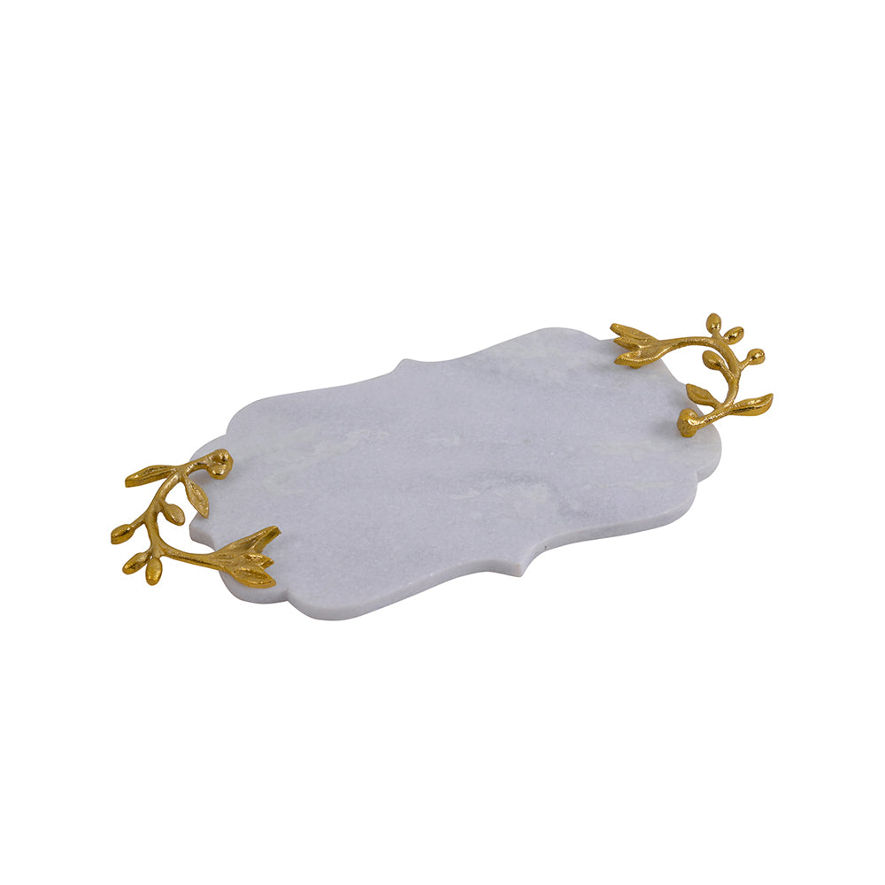White Marble Decorative Tray with Golden Leaf Handles
