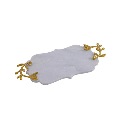 White Marble Decorative Tray with Golden Leaf Handles