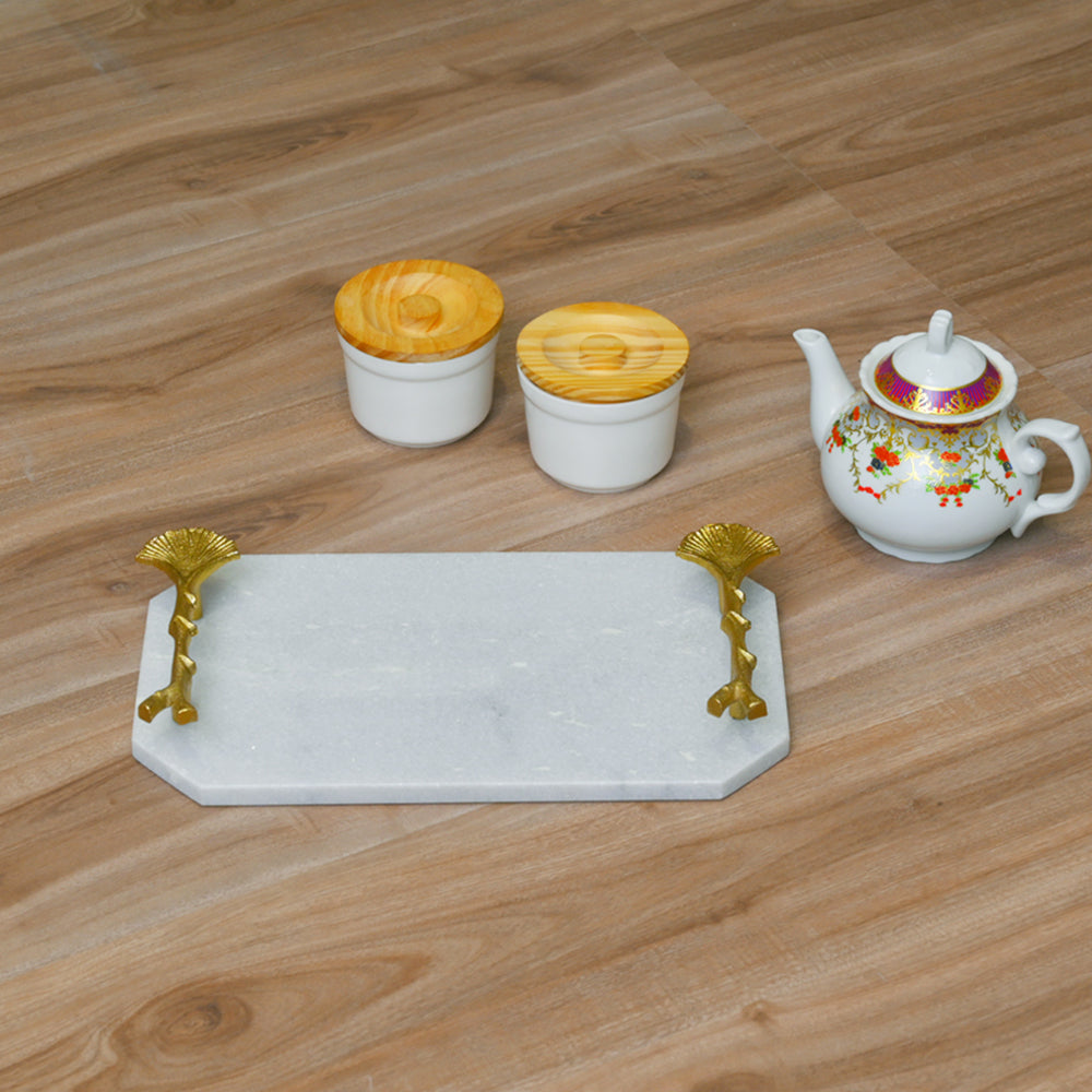 Luxury Marble Serving Tray with Golden Leaf Handles