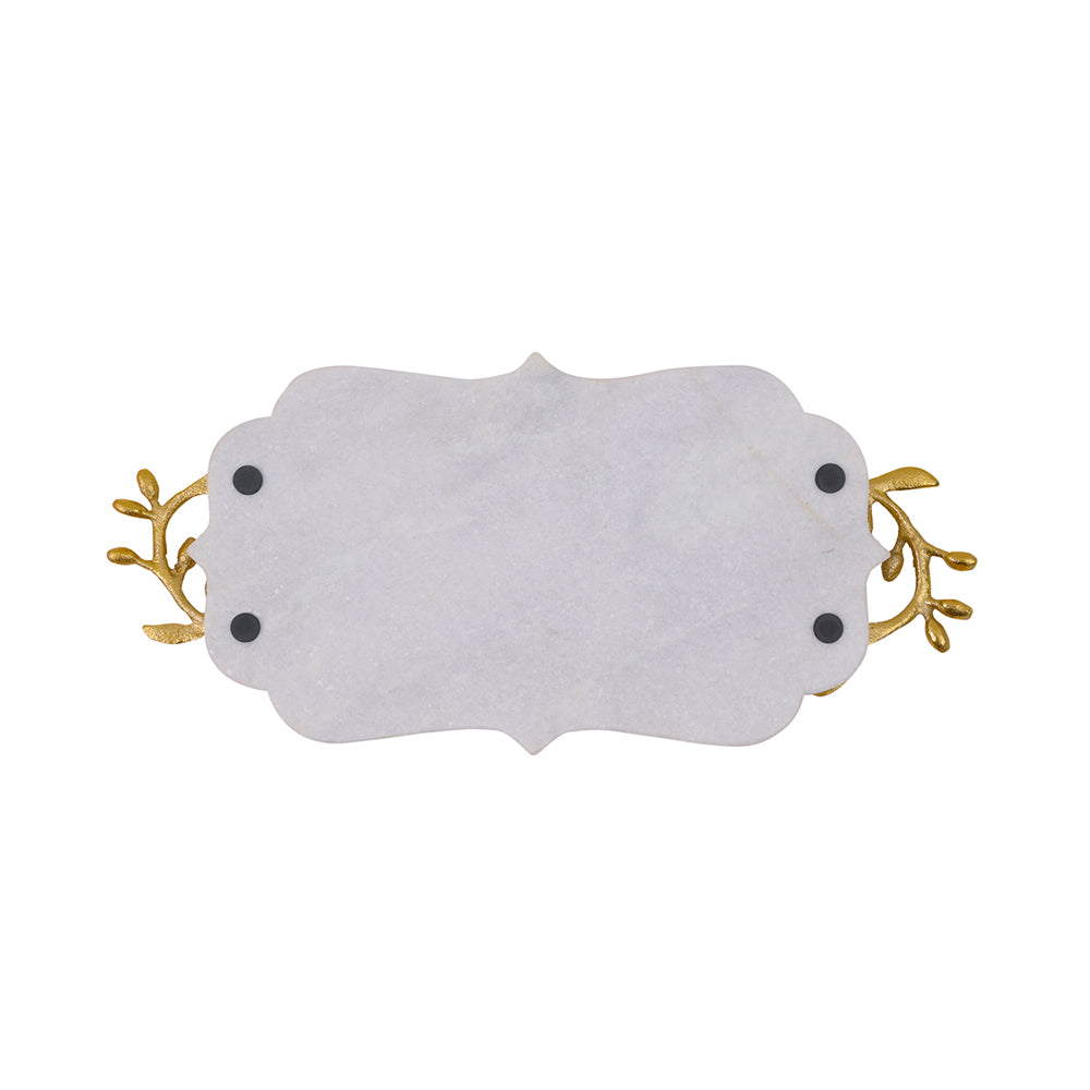 White Marble Decorative Tray with Golden Leaf Handles