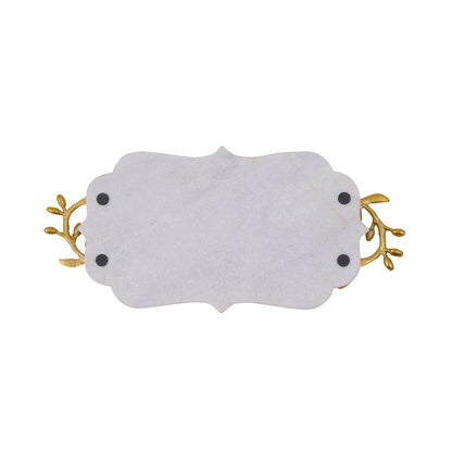 White Marble Decorative Tray with Golden Leaf Handles