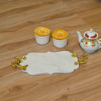 White Marble Decorative Tray with Golden Leaf Handles