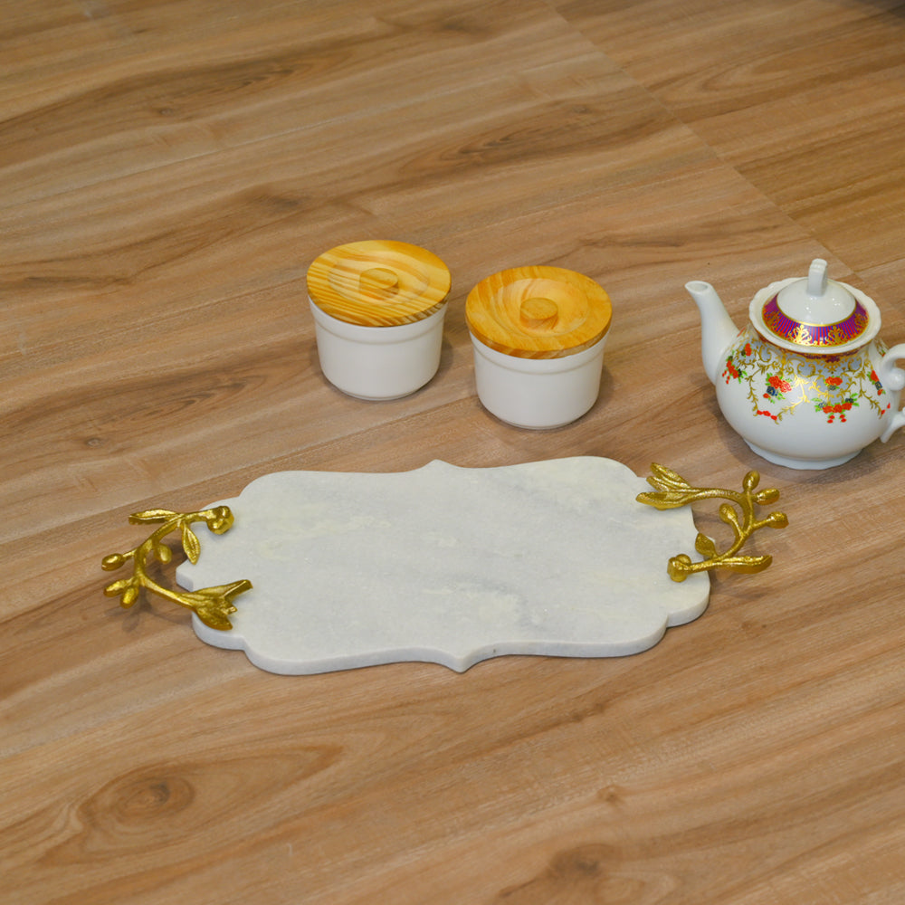 White Marble Decorative Tray with Golden Leaf Handles