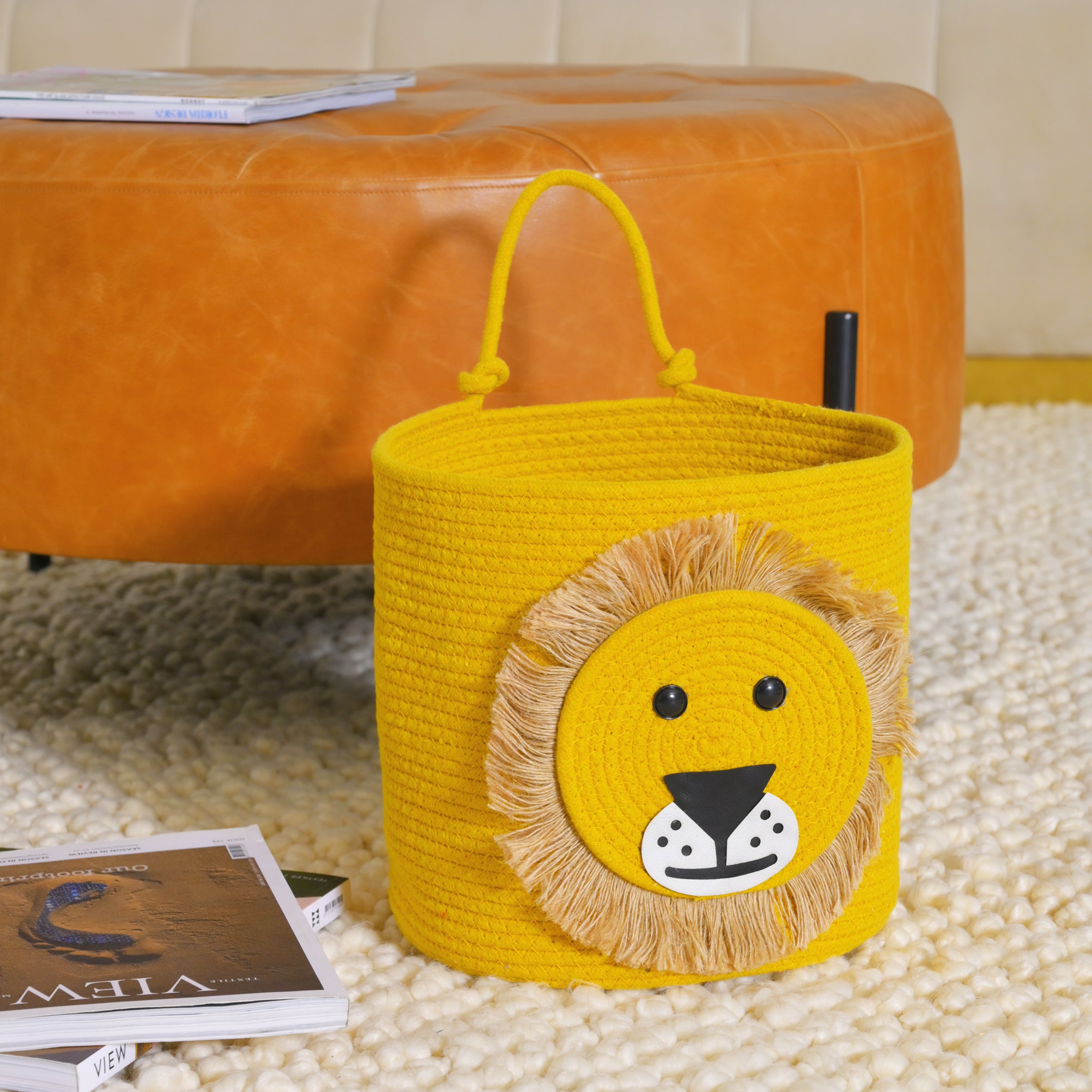 Yellow Lion-Themed Storage Basket with Handle