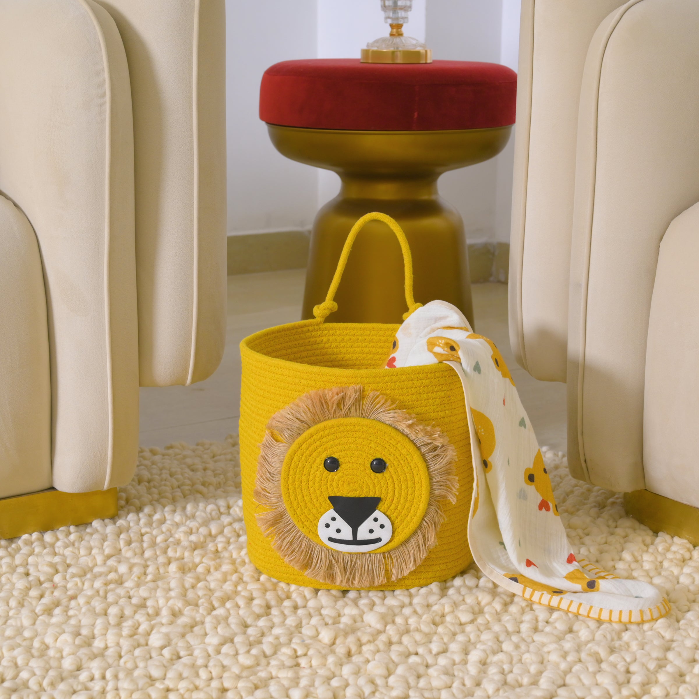 Yellow Lion-Themed Storage Basket with Handle