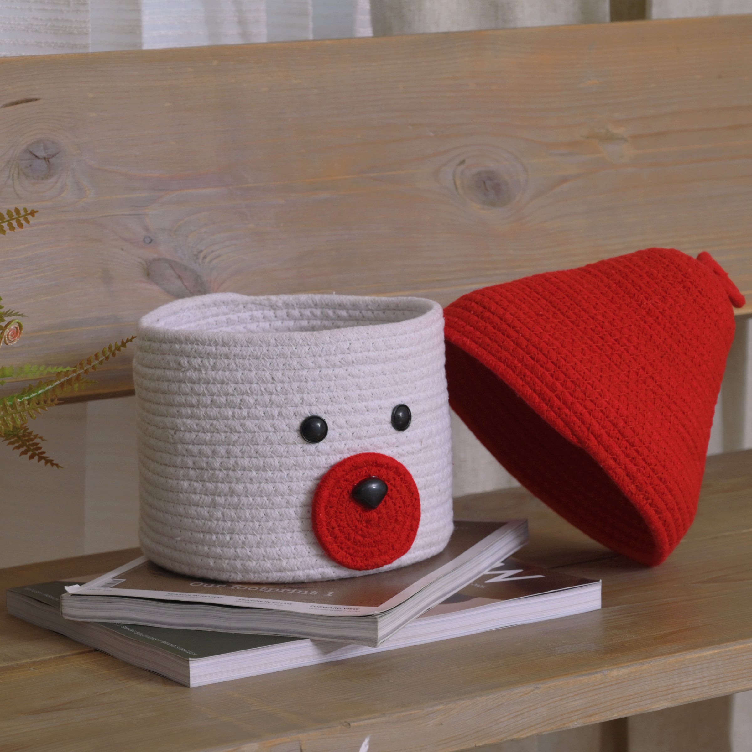 White Bear-Themed Storage Basket with Red Lid