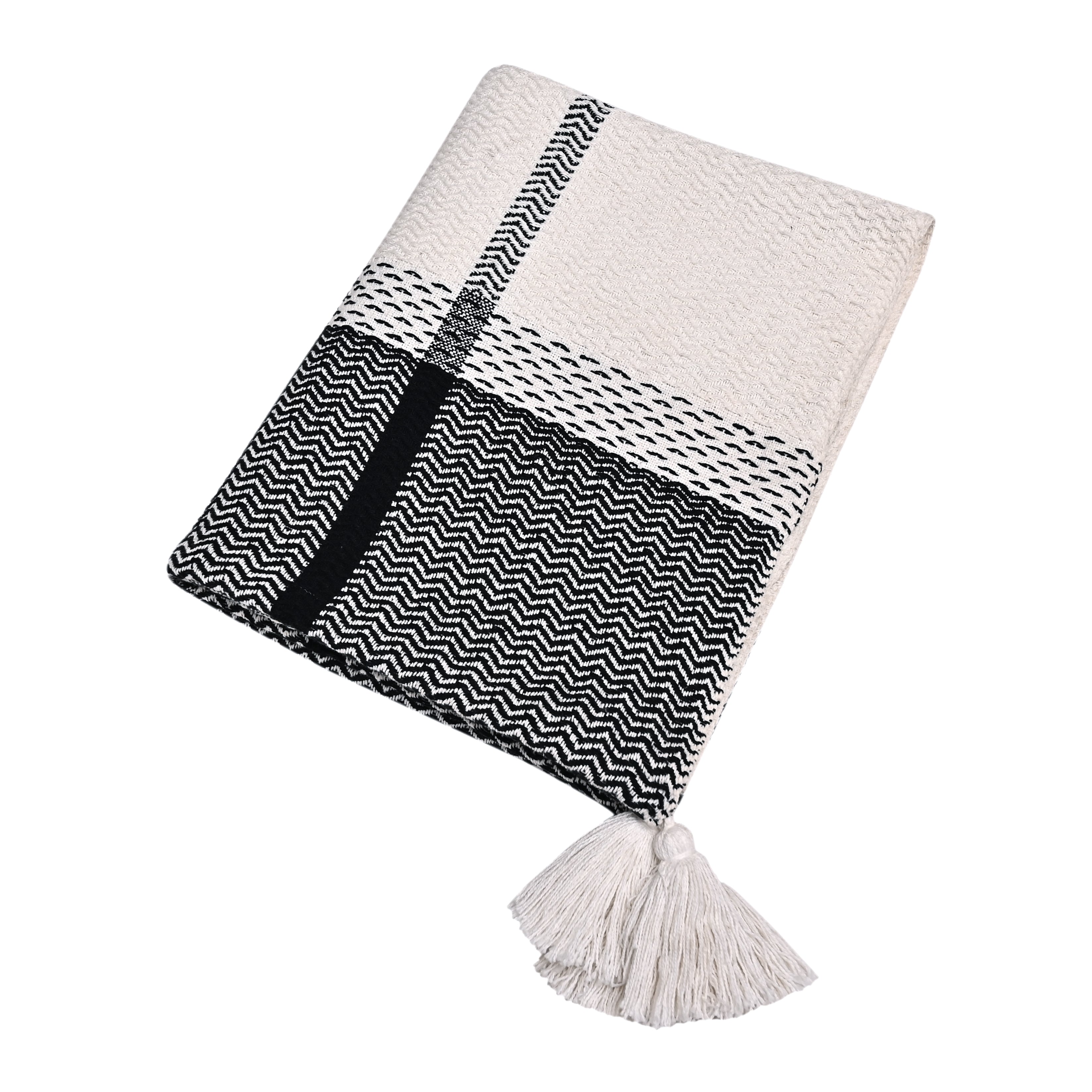Handwoven Cotton Throw with Tassels – Black & White