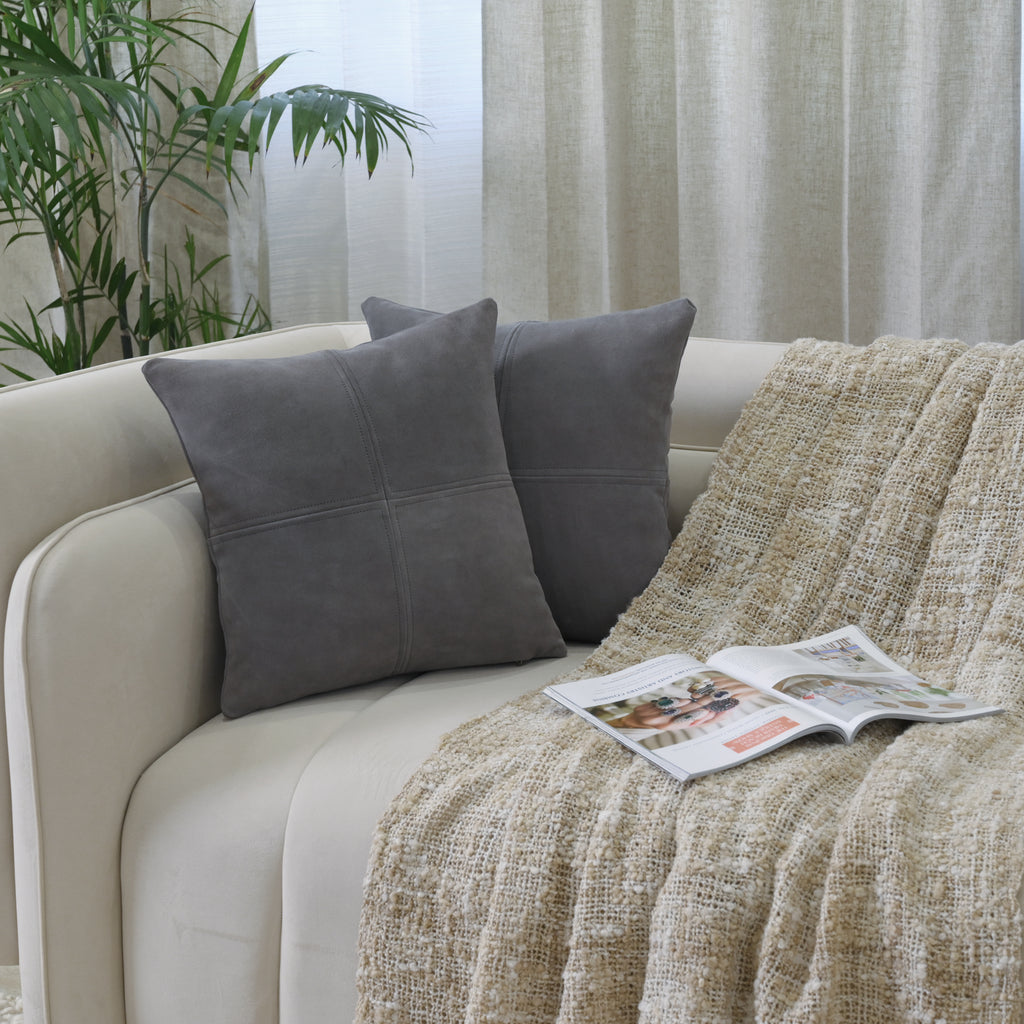 Modern Grey Suede Cushion Cover with Stitched Panel Design – Decorative Throw Pillow for Sofa & Bed