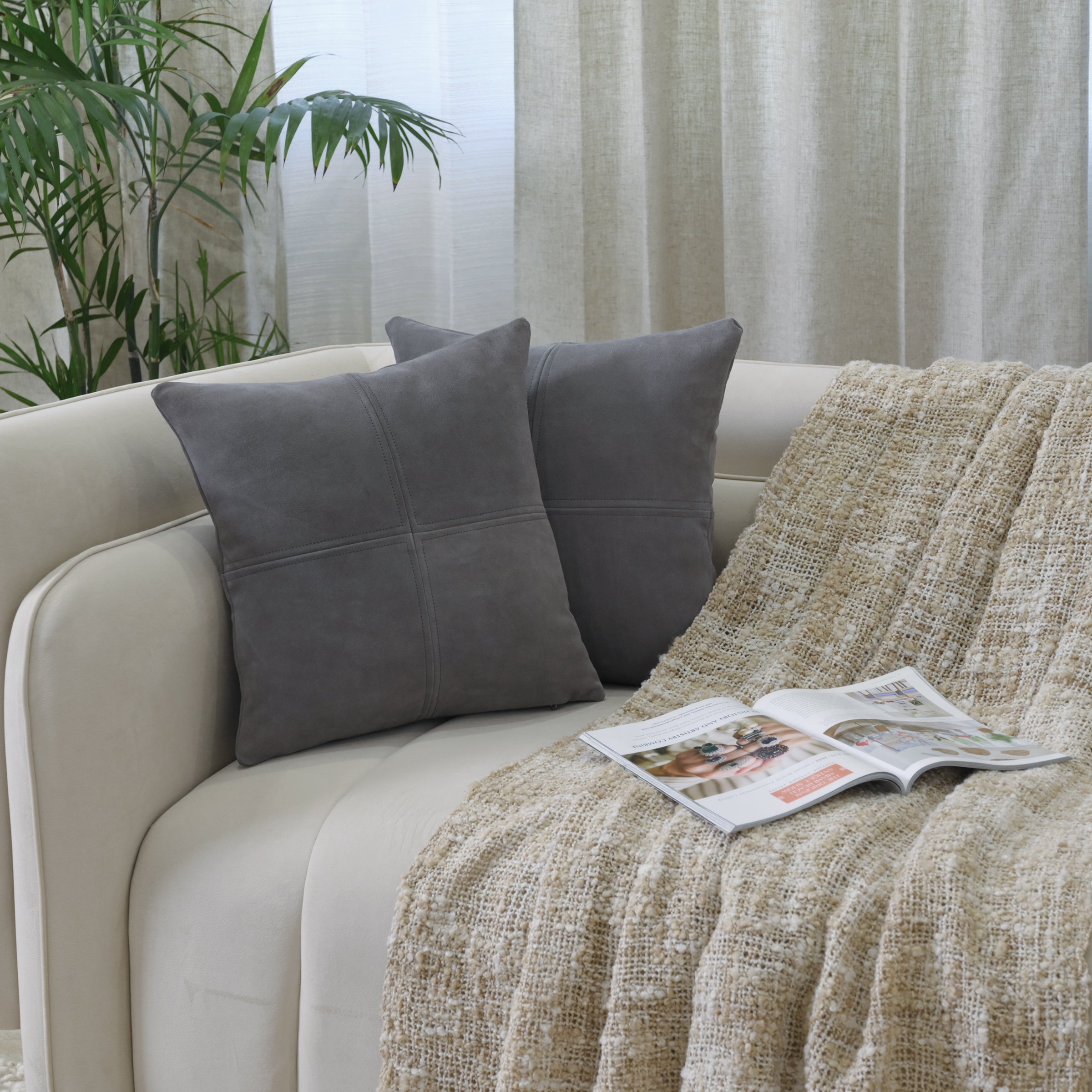 Modern Grey Suede Cushion Cover with Stitched Panel Design – Decorative Throw Pillow for Sofa & Bed