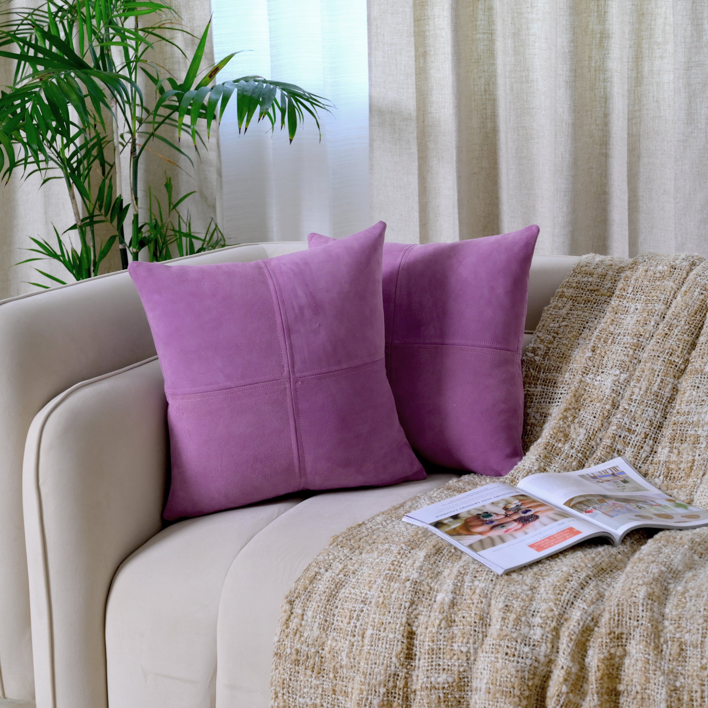 Modern Grey Suede Cushion Cover with Stitched Panel Design – Decorative Throw Pillow for Sofa & Bed