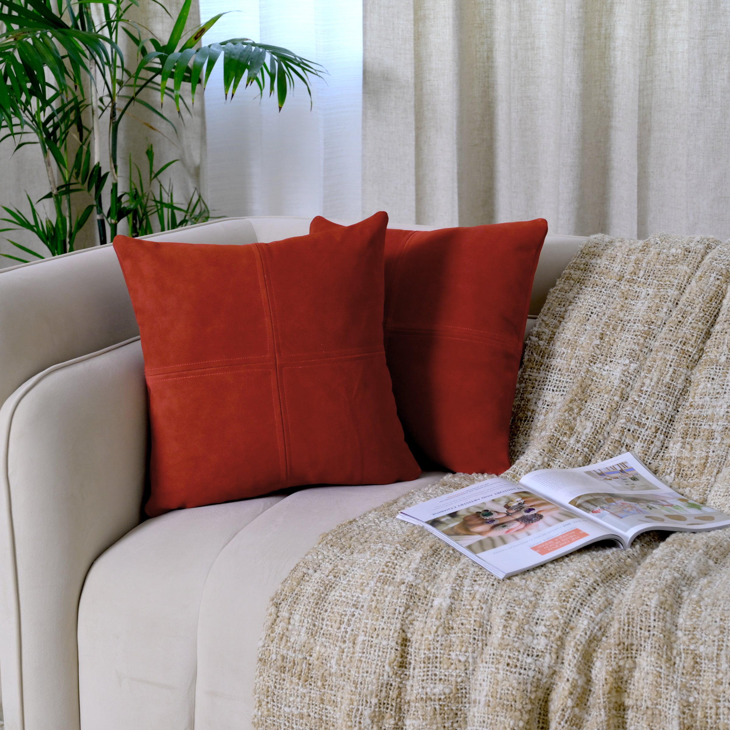 Modern Grey Suede Cushion Cover with Stitched Panel Design – Decorative Throw Pillow for Sofa & Bed