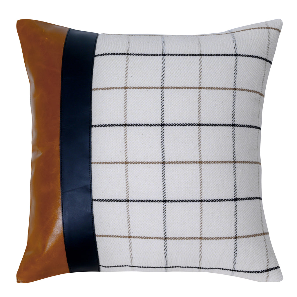 Leather & Checkered Cotton Cushion Cover
