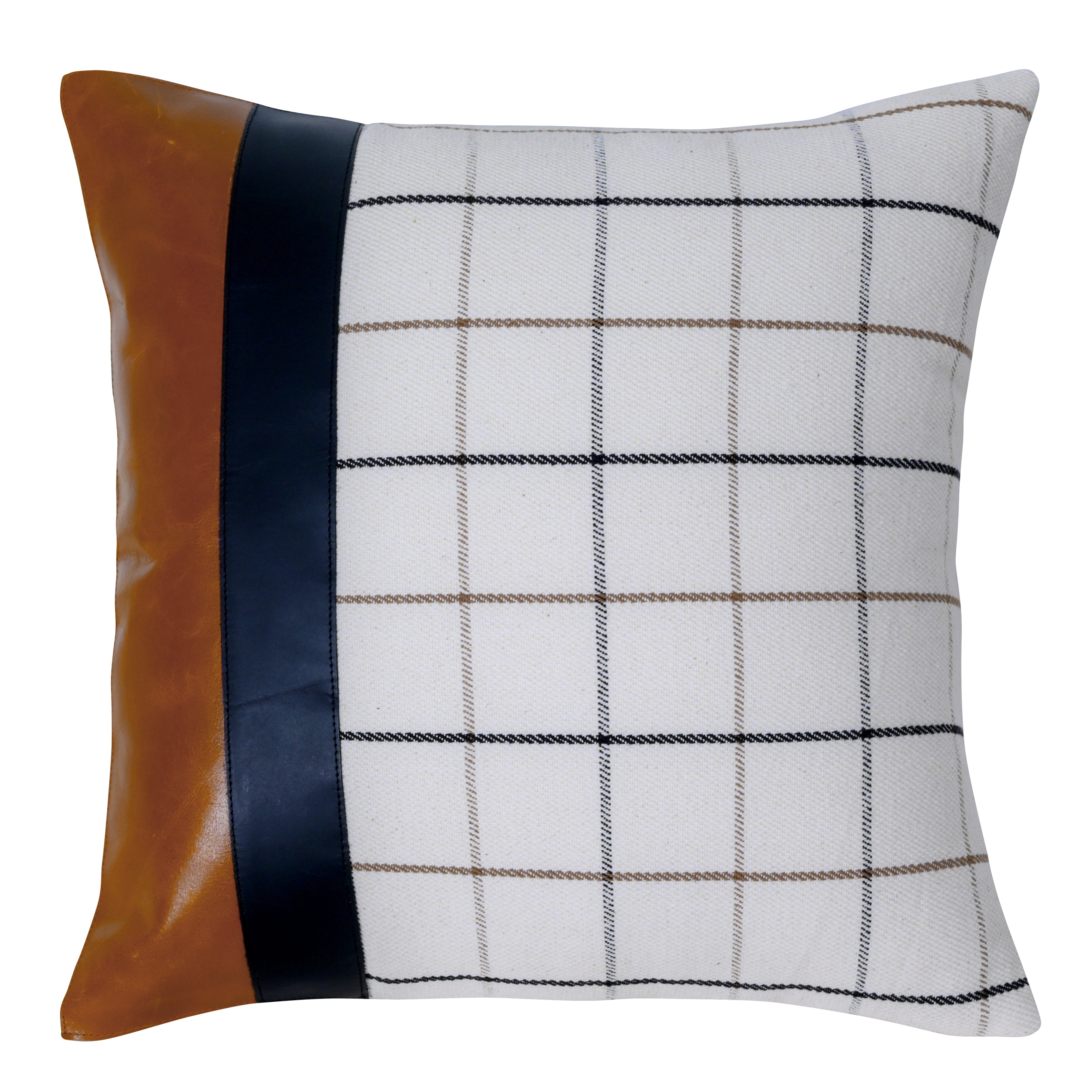 Leather & Checkered Cotton Cushion Cover
