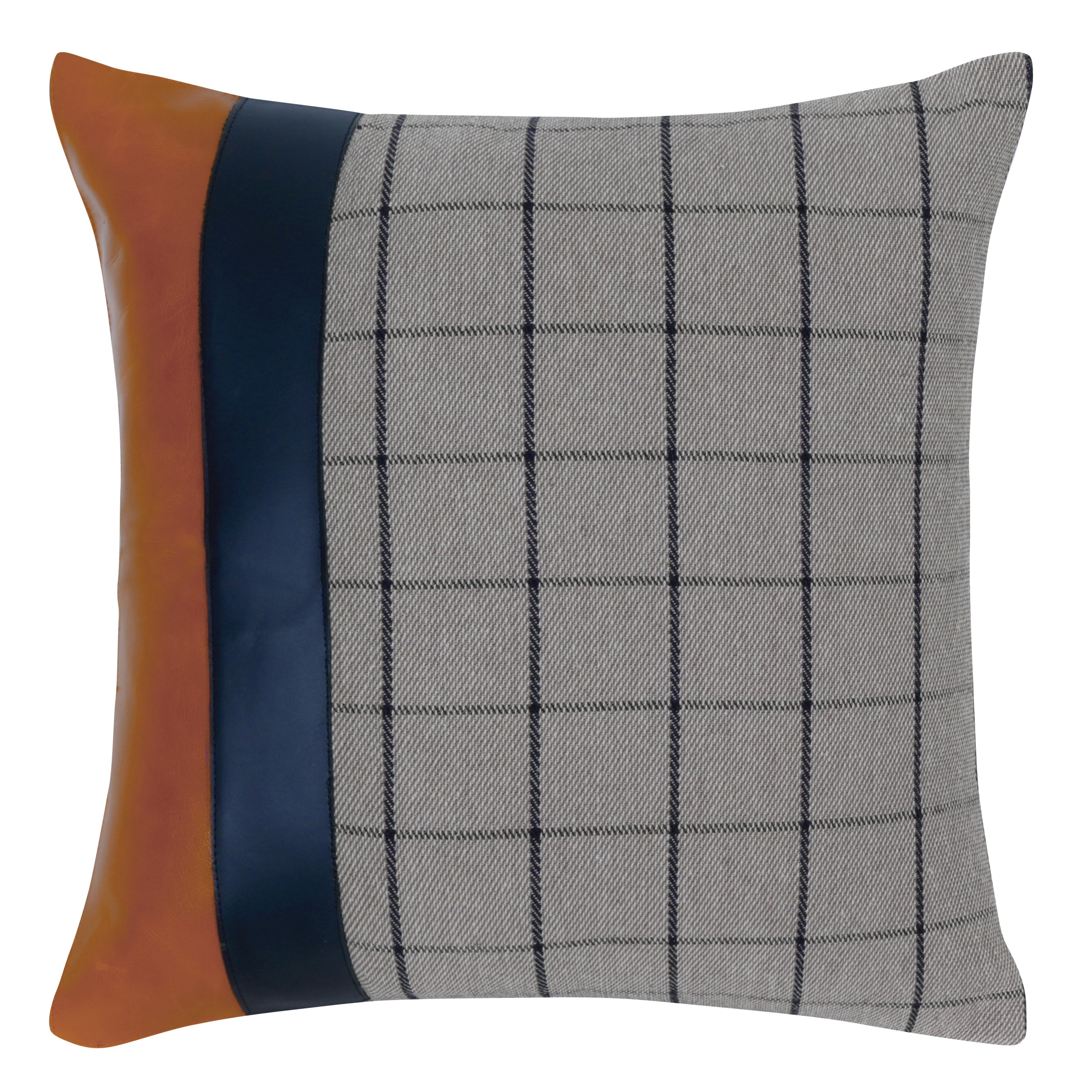 Grey Checkered Cushion with Leather Accents