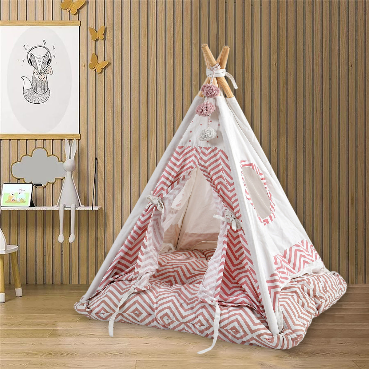 Funny Pet Teepee Tent for Dogs &amp; Cats – Soft Cotton Canvas with Wooden Frame