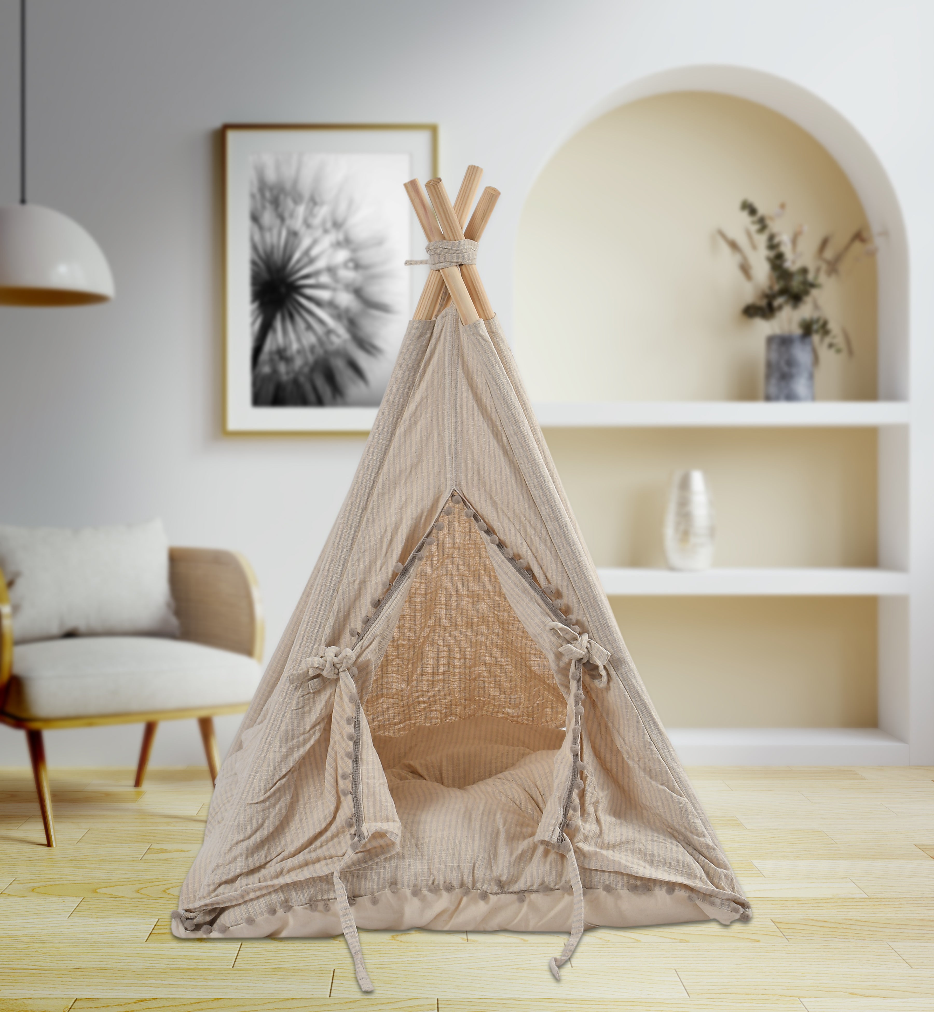 Funny Pet Teepee Tent for Dogs & Cats – Soft Cotton Canvas with Wooden Frame