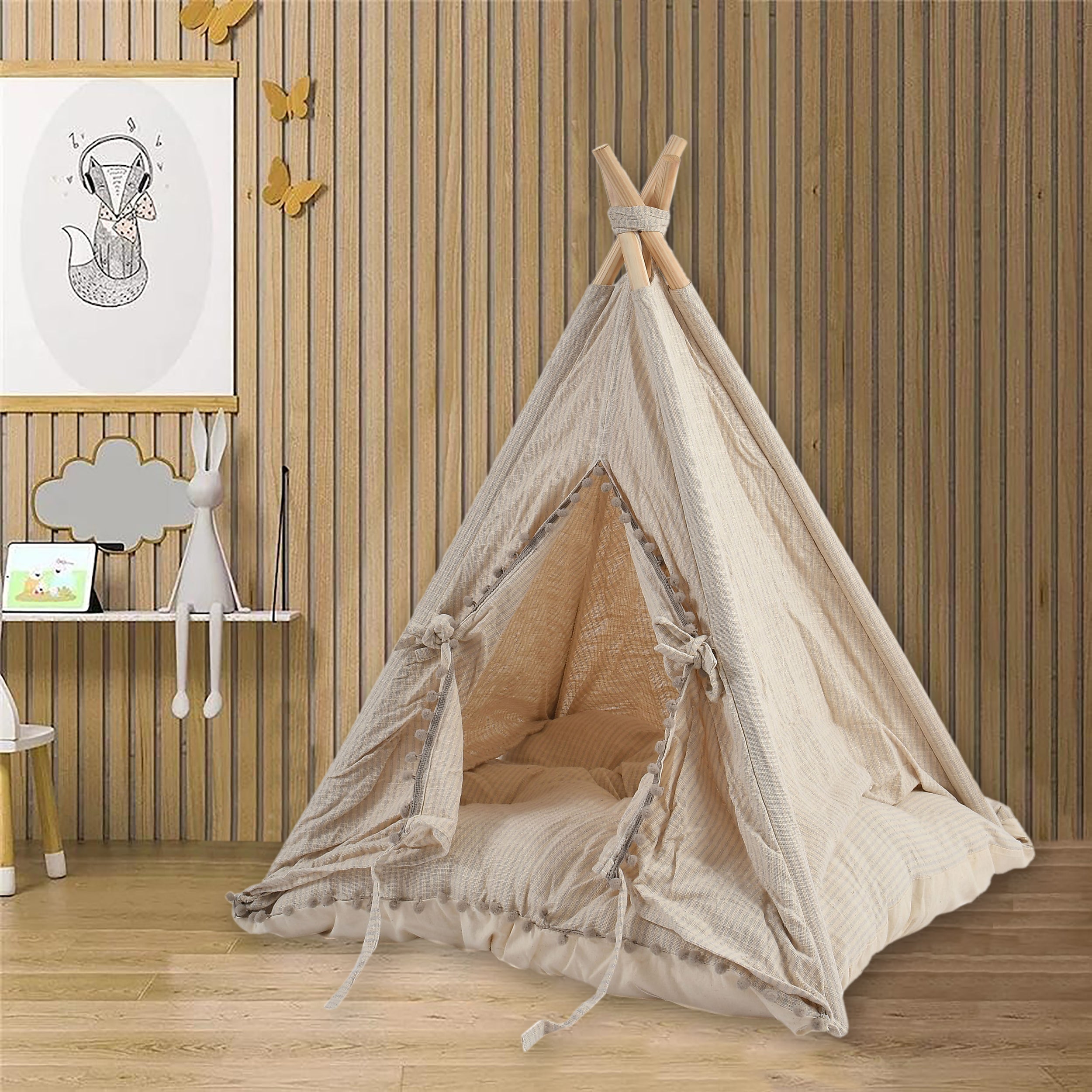 Funny Pet Teepee Tent for Dogs & Cats – Soft Cotton Canvas with Wooden Frame