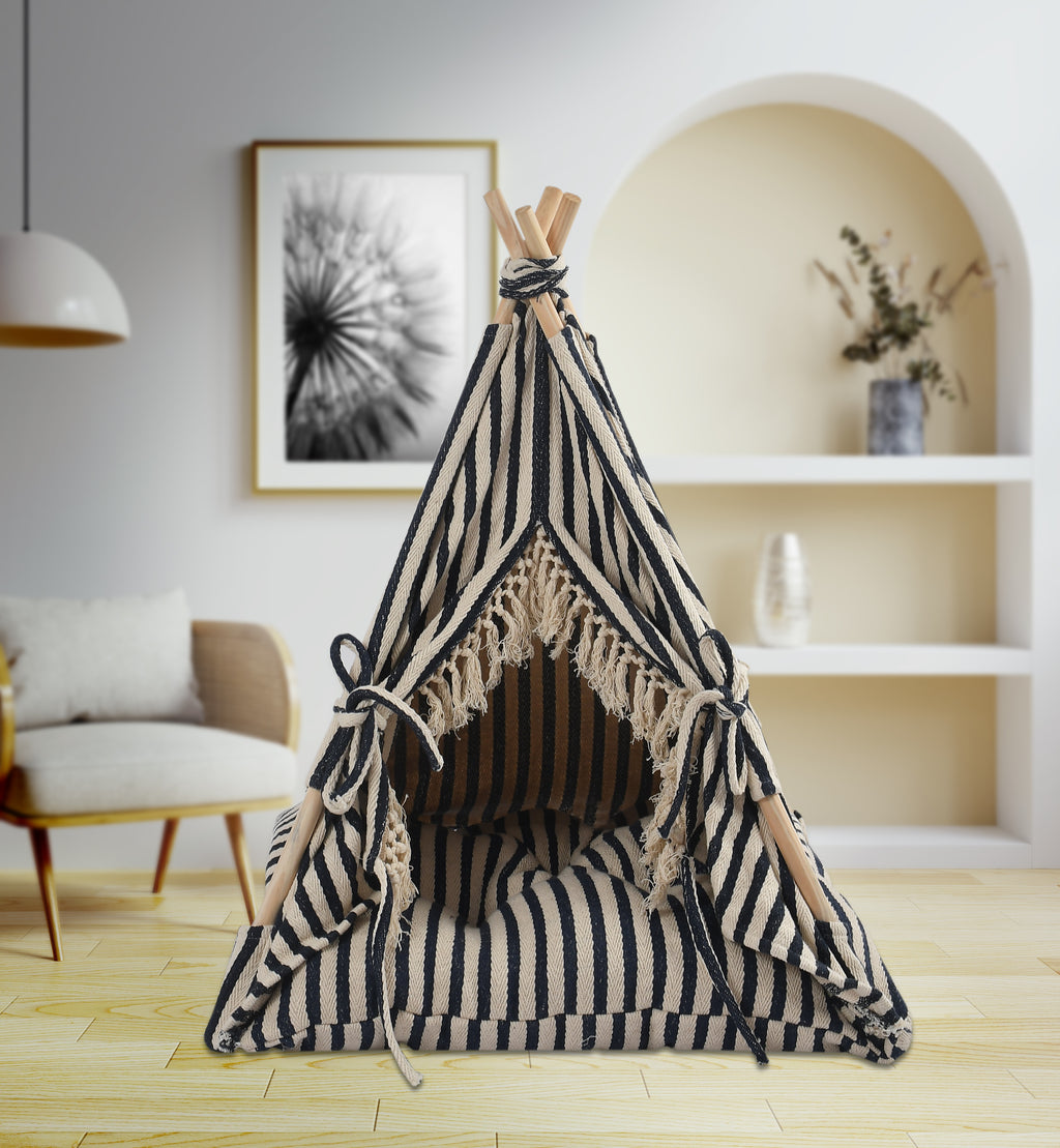 Funny Pet Teepee Tent for Dogs & Cats – Soft Cotton Canvas with Wooden Frame