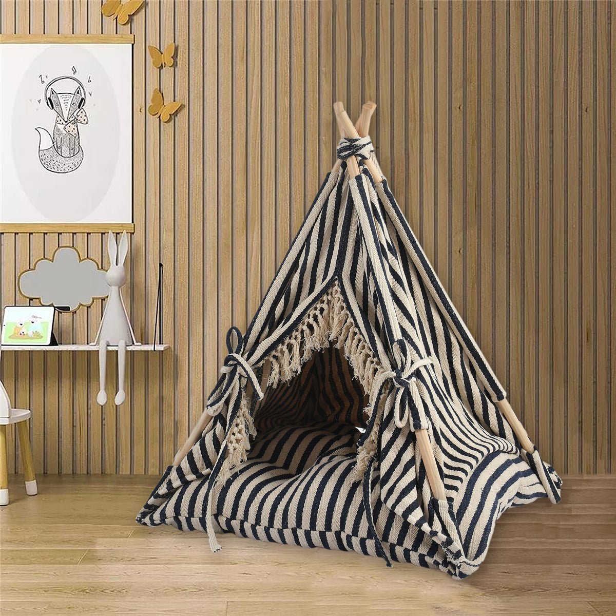 Funny Pet Teepee Tent for Dogs &amp; Cats – Soft Cotton Canvas with Wooden Frame