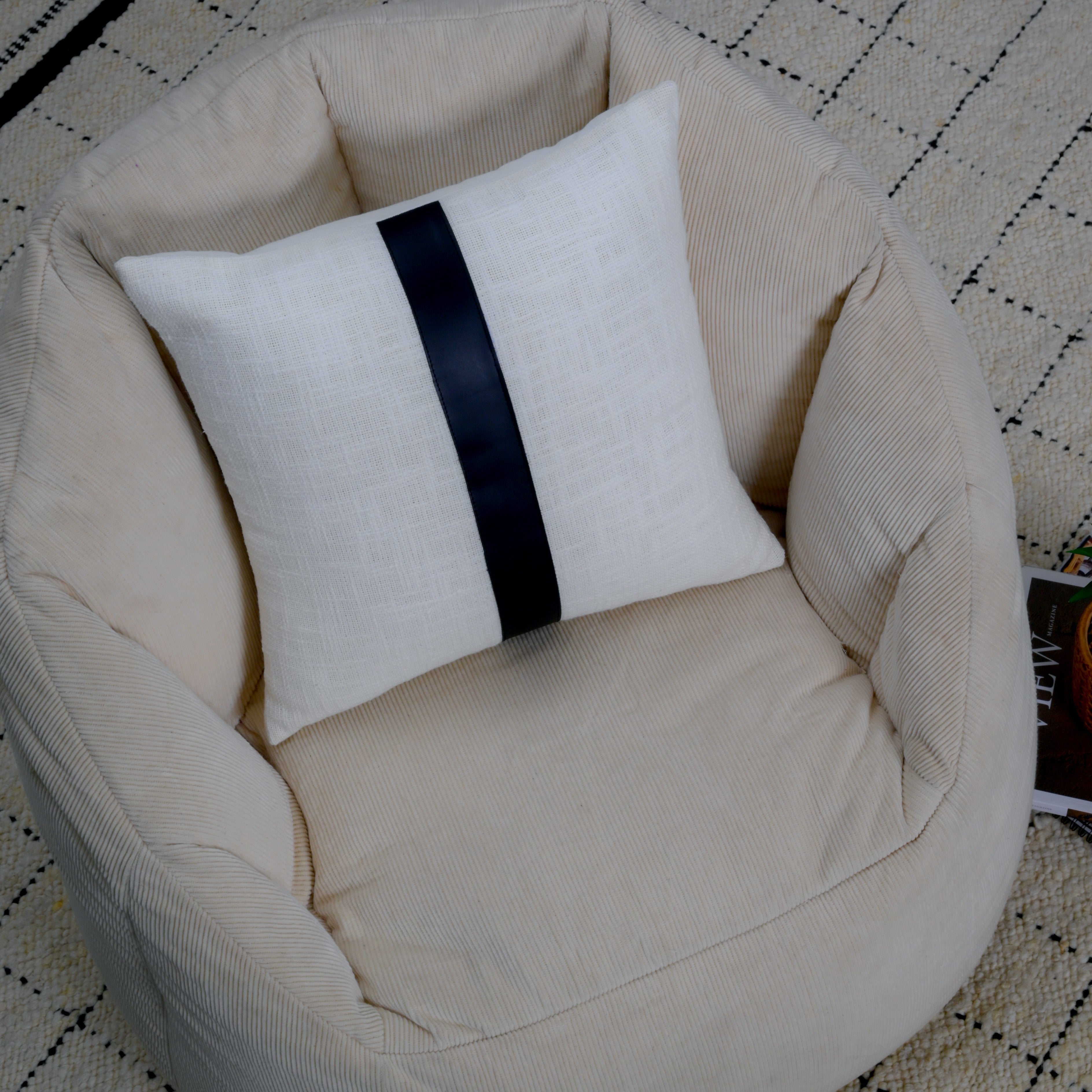 Grey Checkered Cushion with Leather Accents