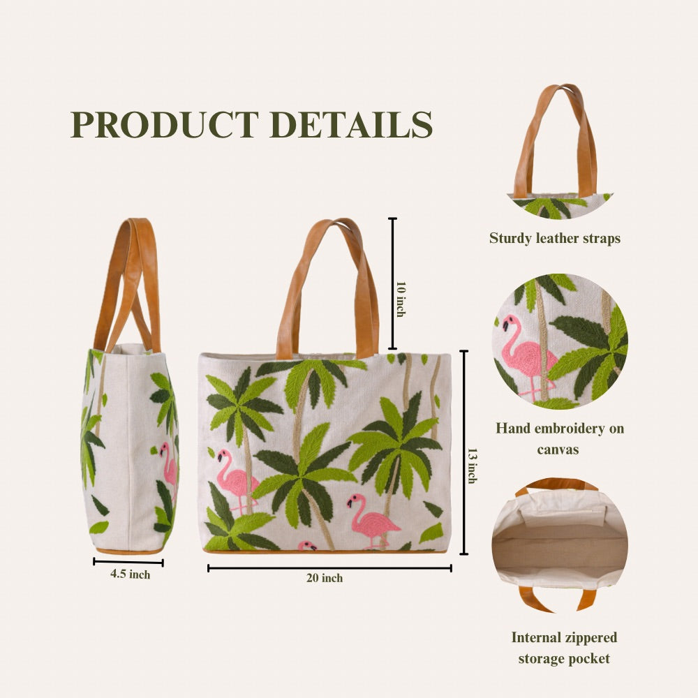 Handmade Flamingo Embroidered Canvas Tote Bag with Leather Straps